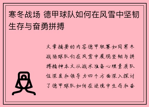 寒冬战场 德甲球队如何在风雪中坚韧生存与奋勇拼搏