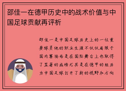邵佳一在德甲历史中的战术价值与中国足球贡献再评析